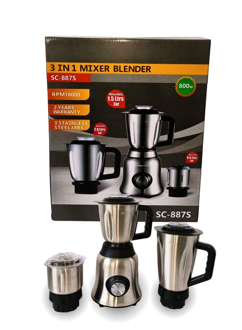 سيلفر كريست خلاط كهربائي متعدد الوظائف، مزود بأوعية متينة من الفولاذ المقاوم للصدأ، جهاز 3 في 1 بقوة 800 واط عالي السرعة، يُستخدم لصنع العصائر والمشروبات المخفوقة، بالإضافة إلى طحن المكونات وتحضير القهوة والتوابل. - Image 1